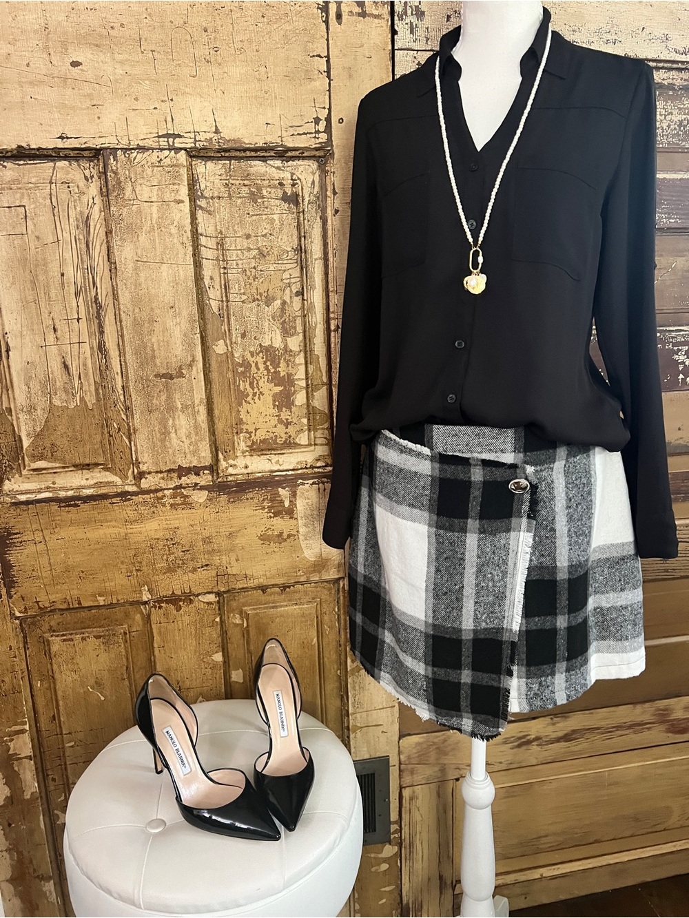 HYFVE Plaid Wrap Mini Skirt | NWT | Fringe Trim | Black White Gray | Size L